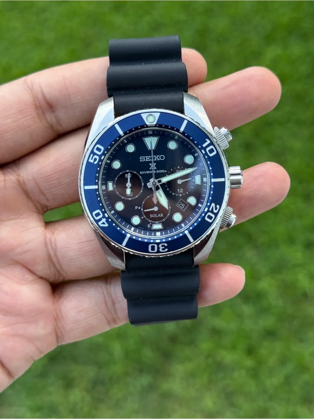 Seiko prospex solar Blue Bezel Black Strap Men's Diver Chronograph Japan Watch